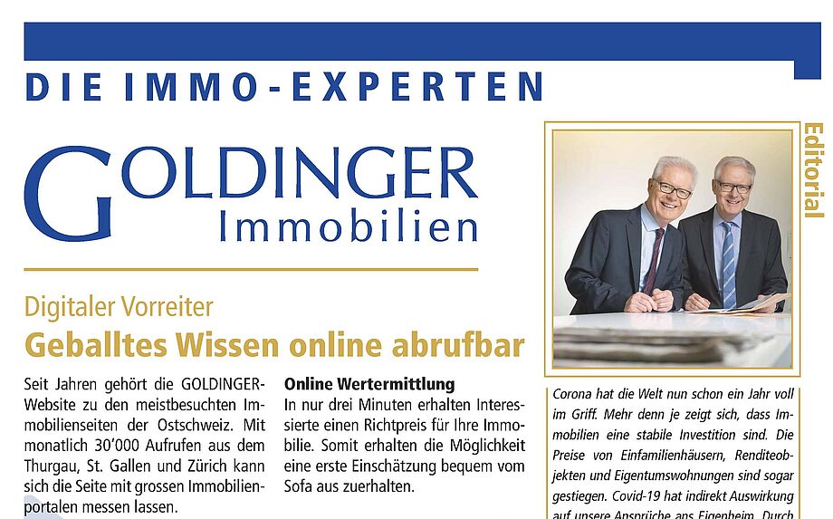 Ausschnitt aus Magazin, Überschrift "Goldinger Immobilien - Digitaler Vorreiter - Geballtes Wissen online abrufbar."