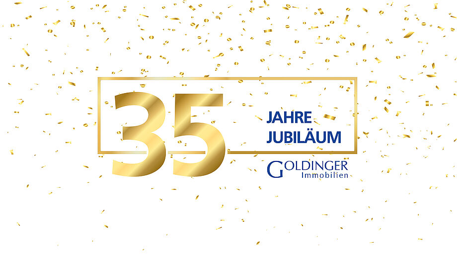 "35 Jahre Goldinger Jubiläum" in goldener und blauer Schrift mit goldenem Konfetti.