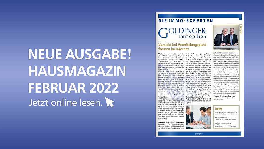 "Neue Ausgabe! Hausmagazin Februar 2022. Jetzt online lesen." Dazu Ausschnitt von Magazin.