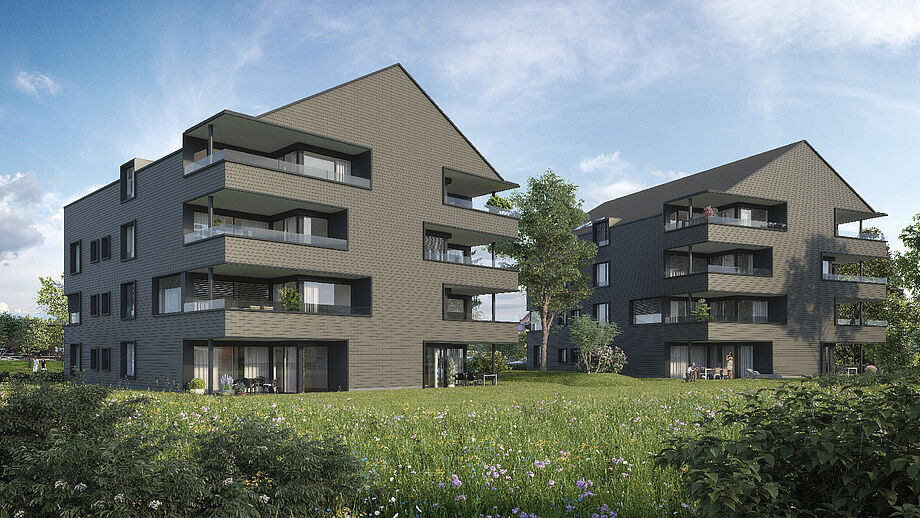 Konzept von einzigartigen modernen Mehrfamilienhäusern mit Balkons im Grünen.
